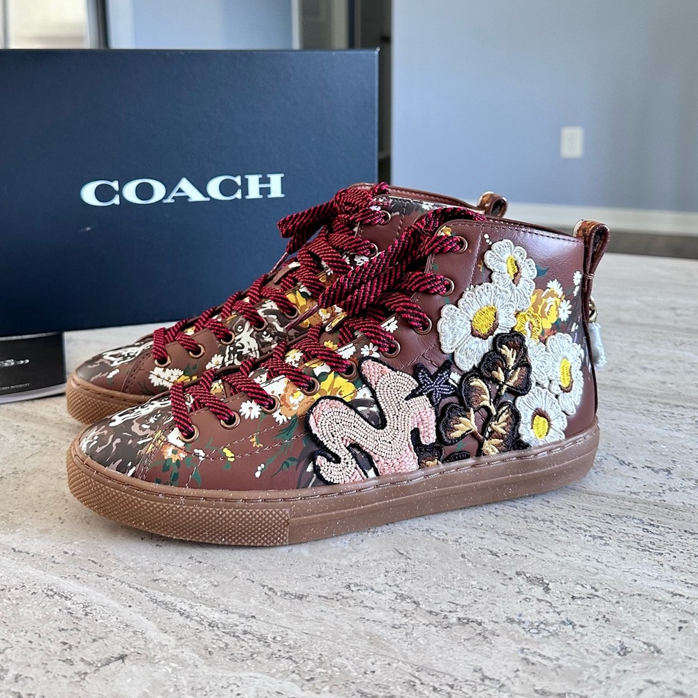 Coach Leather Sneakers with Embroidered Flowers